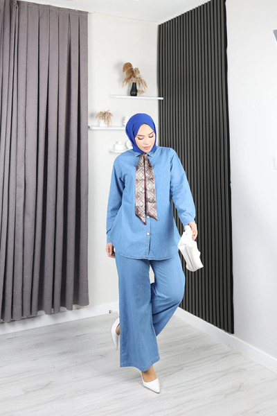 TATULA Scarf and Button Detailed Double Denim Set