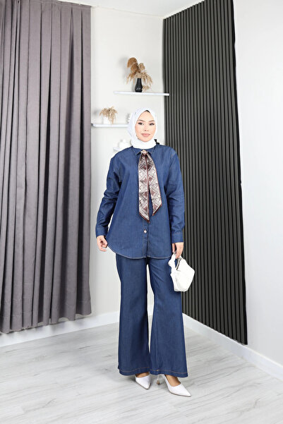 TATULA Scarf and Button Detailed Double Denim Set