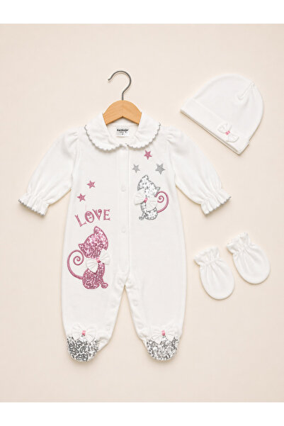 Kardeşler Bebe Cat Embroidered Baby Girl Jumpsuit Set (Gloves + Hat)