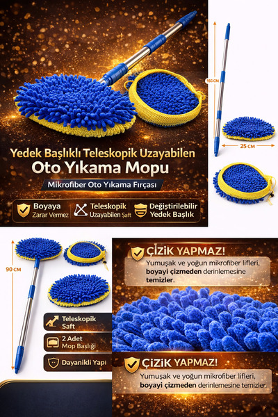 ELVERA Oto Yıkama Mopu Teloskopik Uzayabilen (Yedek Başlıklı)