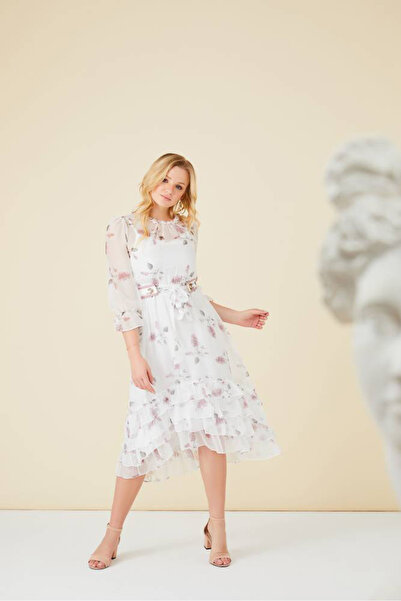 FIRST STYLE Turkish Super Soft White Dress with Rose Detail and Ruffle Design...
