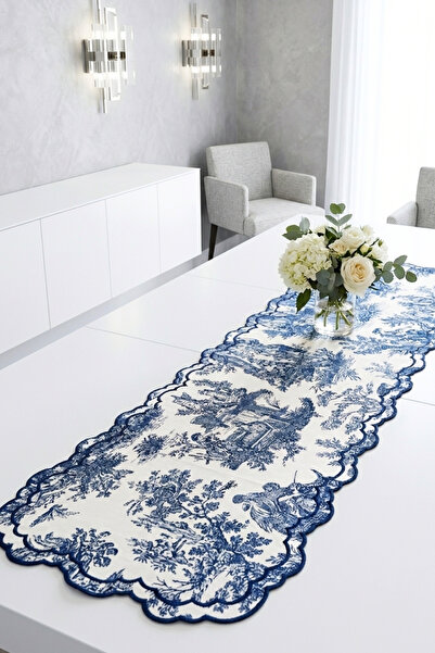 SUFFRA Vintage Mavi Fransız Köy Desenli Runner (112x38 cm)