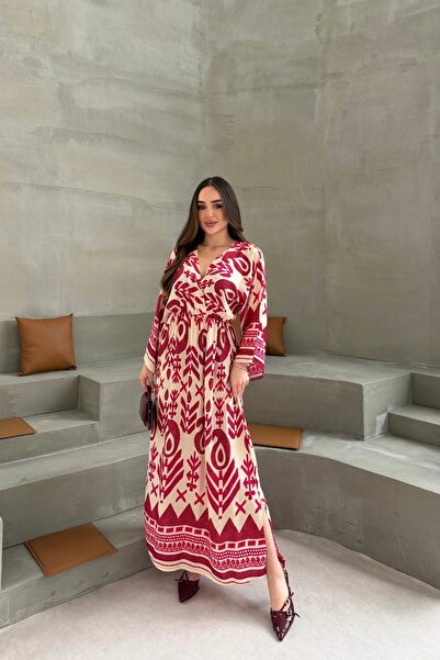 mezqa Μακρύ φόρεμα με ροζ σχέδιο, λεπτομέρεια με σκίσιμο, ελαστική μέση και δ...