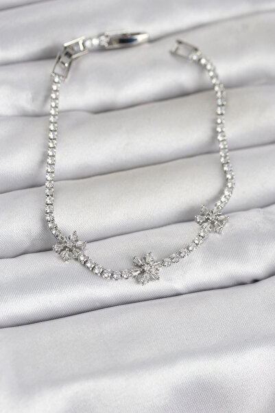 özssa Brass Silver Color Flower Model Zircon Stone Waterway Women's Bracelet
