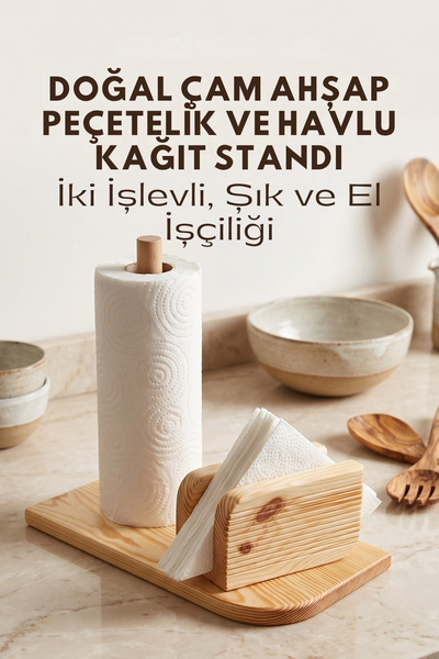 Myend Doğal Ahşap El Yapımı Peçete ve Havlu Kağıt Standı, Ahşap Peçetelik, Ah...