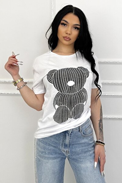 FashionForYou Γυναικείο βαμβακερό μπλουζάκι, Lumibear με πέτρες και στάμπα, Λ...