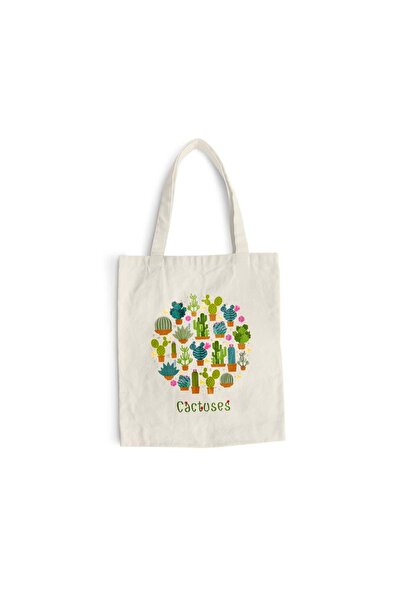 Intelli Βαμβακερή τσάντα αγορών με μακριά χερούλια, Συλλογή Λουλουδιών, Κάκτο...