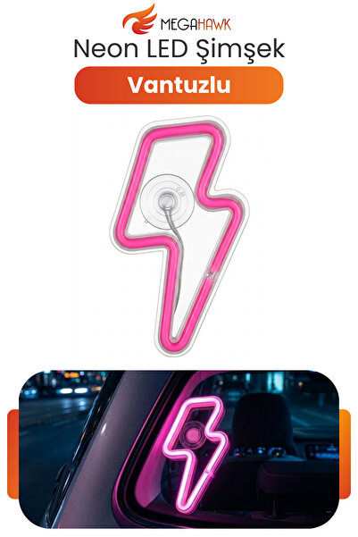 MEGAHAWK Neon LED Şimşek Işıklı Araç İçi Dekor Lambası Vantuzlu Pembe Ortam A...