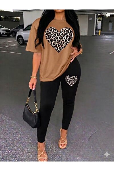WOODROFFE Γυναικείο μπλουζάκι με στάμπα λεοπάρ καρδιάς, κολάν, σετ χαλαρού συ...