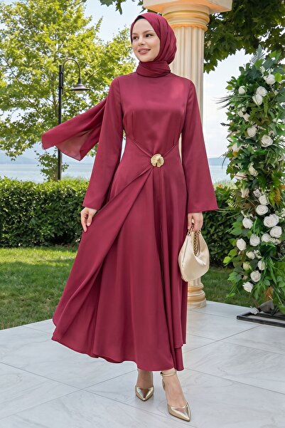 InStyle Φούξια Σατέν Φόρεμα με Καρφίτσα στη Φούστα