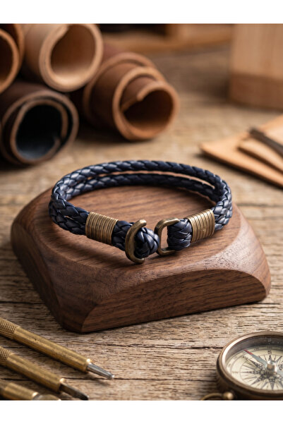 DEERDERİ Hand Braided Genuine Leather Men's Bracelet with Anchor Father's Day...