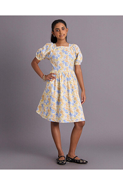 REDTAG Senior Girls Yellow Floral Poplin Dress