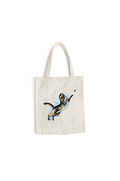 Intelli Sacosa bumbac pentru cumparaturi cu manere lungi, Playing Cat, 38×42 ...