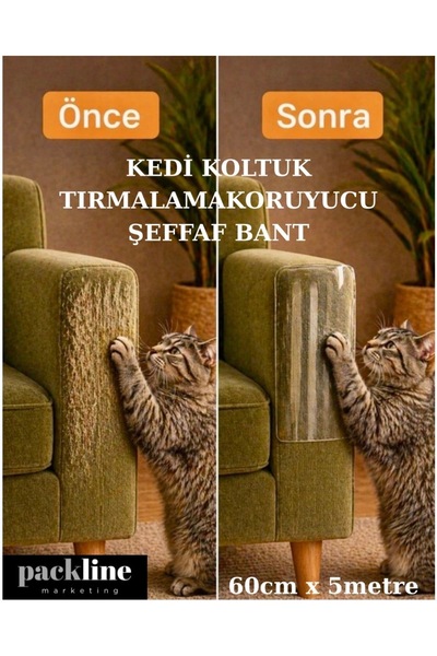 Packline Marketing Packline Kedi Koltuk Tırmalama Koruyucu Şeffaf Yapışkanlı Mobilya Tırmalama Önleyici Bandı 60cm x 5m