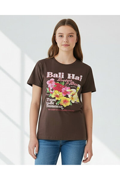 REDTAG Senior Girls Brown Short Sleeve Print T-Shirt