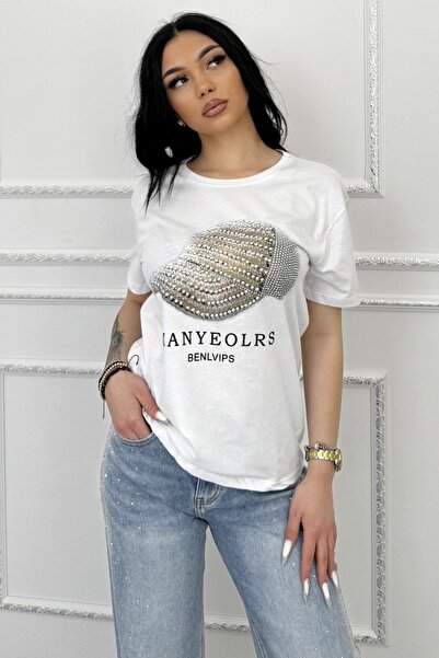 FashionForYou Γυναικείο βαμβακερό μπλουζάκι, Lumiberet με πέτρες και στάμπα, ...