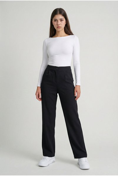 Abruzzo Black High Waist Lycra Palazzo Trousers with Pockets and Buttons, Wide Legs