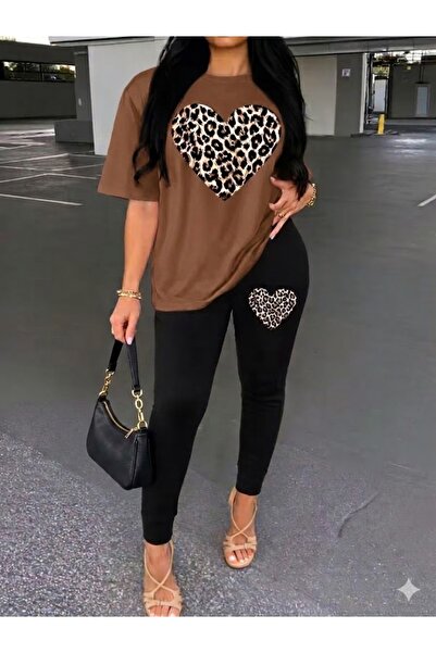 WOODROFFE Γυναικείο μπλουζάκι με στάμπα λεοπάρ καρδιάς, κολάν, σετ χαλαρού συ...