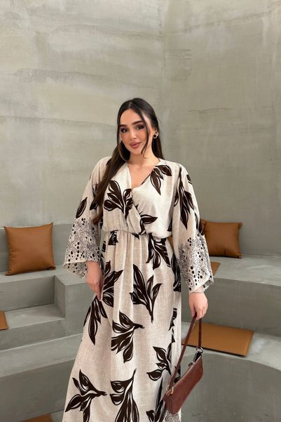 mezqa Brown Patterned Double-Breasted Collar Long Dress with Slit Detail and Elastic Waist