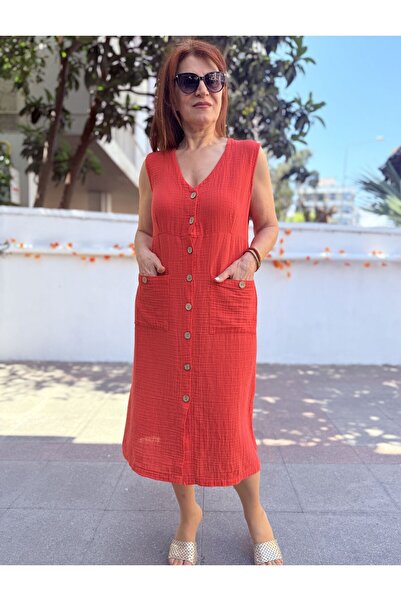 DenizEge Αμάνικο φόρεμα μουσελίνας με διπλές τσέπες, λουλούδι ρόδι