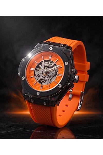 DAVID GUNER Erkek Saat 42 mm Otomatik Mekanizma Turuncu Kadran Şeffaf Kasa Si...