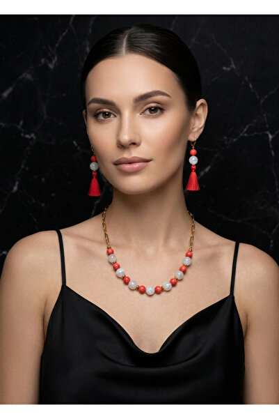 Ay Taşı & Kırmızı Mercan Taşlı Çelik Zincir Kolye ve Küpe Premium Set