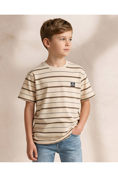 REDTAG Boys Cream Striped T-Shirt