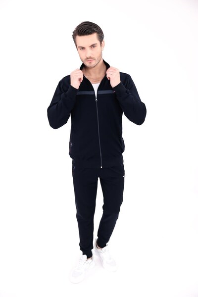 Cramp Spor Lacivert Noir Line Hoodless Zippered Top and Jogger Bottom Tracksuit Set