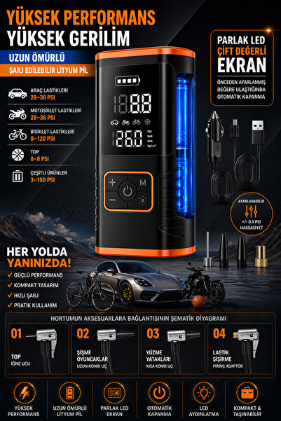 Merwish Kablosuz ve Çakmaklıklı Dijital Lastik Şişirme Kompresörü Powerbank L...