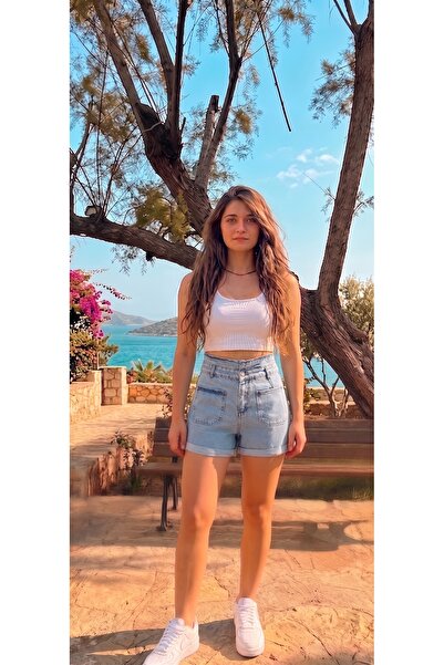 REDZARRAM Μπλε τζιν μίνι σορτς με διπλή ζώνη, ψηλόμεσο, χωρίς λύκρα