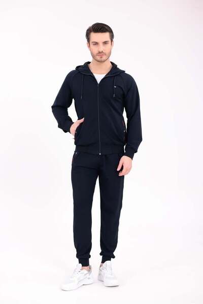 Cramp Spor Navy Blue Modern Comfort Hooded Zip-Up Top and Jogger Bottom Tracksuit Set