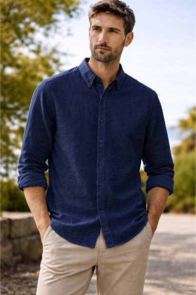 mavisima erkek giyimi Ανδρικό μακρυμάνικο πουκάμισο σε μπλε ναυτικό χρώμα, χα...