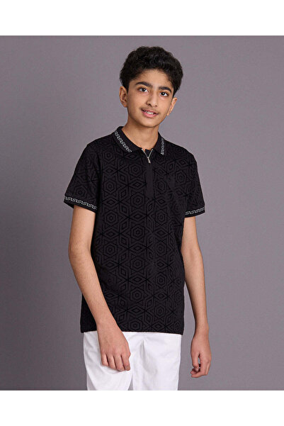 REDTAG Senior Boys Black Printed Polo Shirt