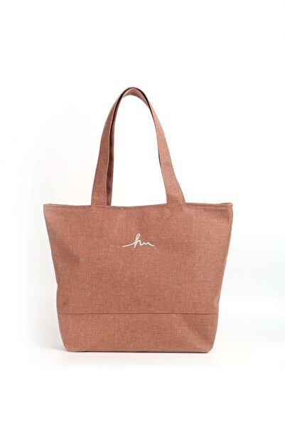 Haşema Λινή τσάντα παραλίας με φερμουάρ και λεπτομερή κέντημα, χρώμα πλακάκι 35