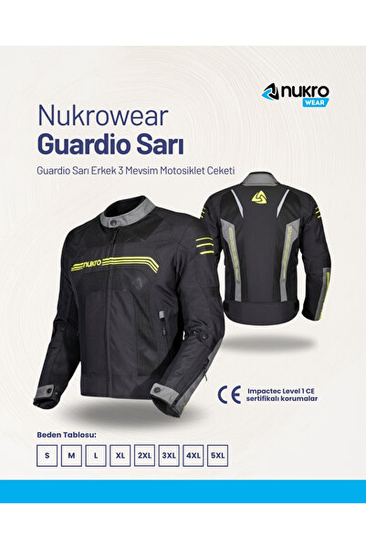 Nukro wear Nukrowear Guardio Sarı Erkek 3 Mevsim Motosiklet Ceketi