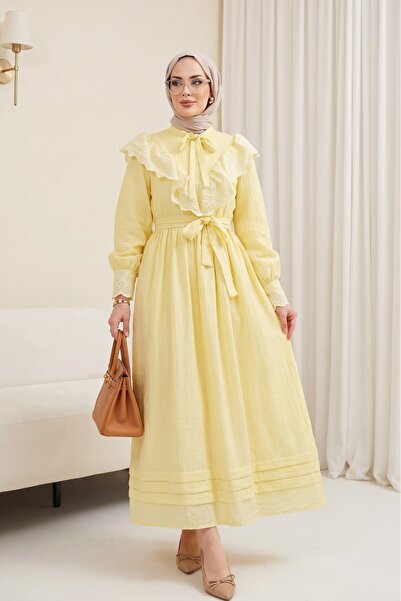 Modamorfo Φόρεμα με στριφτή επένδυση και δεμένο γιακά και μέση - κίτρινο