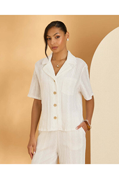 REDTAG Women Ivory Textured Schiffly Shirt Blouse