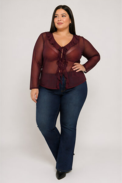 BLOUSE Bordo Romantik Fırfırlı Büyük Beden Bluz