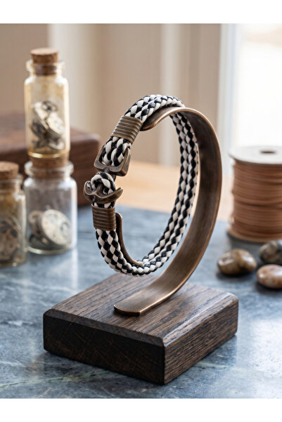 DEERDERİ Hand Braided Genuine Leather Men's Bracelet with Anchor Father's Day...