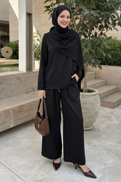 InStyle Μαύρο Σατέν Σετ με Λεπτομέρεια Σάλι στον Ώμο