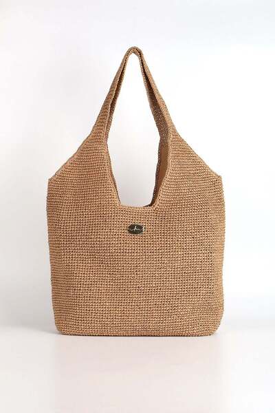 Haşema Ψάθινη πλεκτή τσάντα παραλίας σε χρώμα καμηλό 1183