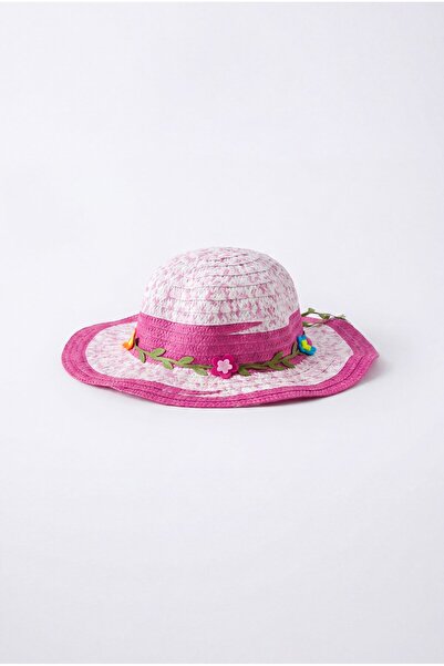 Magu Girl's Pink Straw Hat with Floral Detail