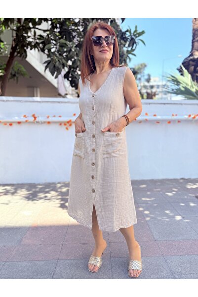 DenizEge Μουσελίνα Αμάνικο Φόρεμα με Διπλή Τσέπη Μπεζ