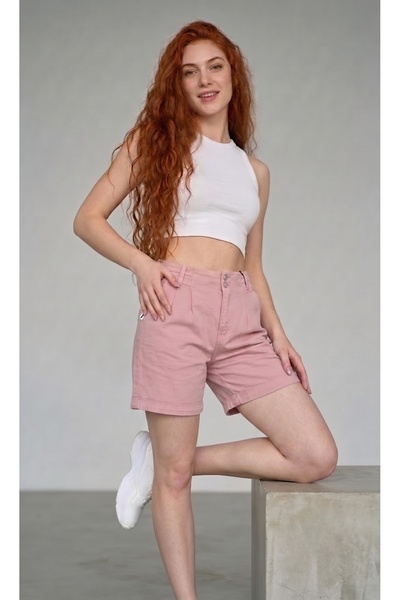 REDZARRAM Μίνι σορτς ψηλόμεσο με πιέτες και διπλά κουμπιά χωρίς λύκρα