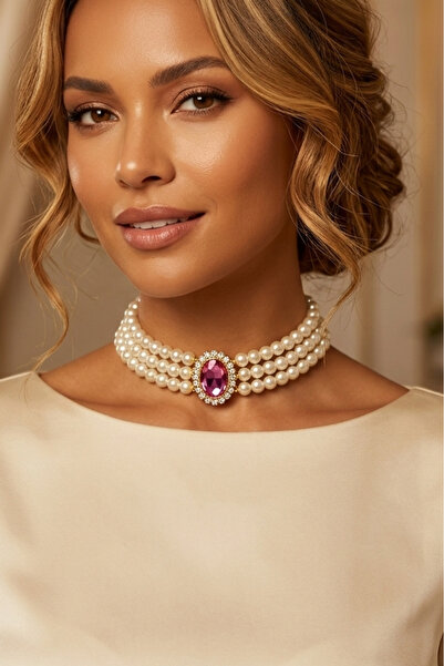 Happyline Oval Pembe Taşlı Cam İncili Choker Kolye, Tasma Kolye, Gold Kaplama...