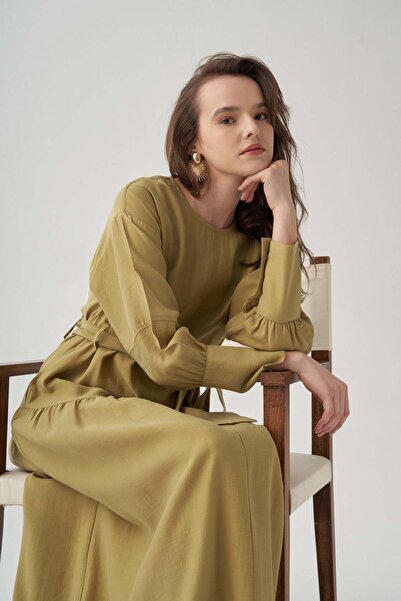 ALLDAY Μαλακό Πράσινο Φόρεμα με Λεπτομέρεια από Κορδόνια