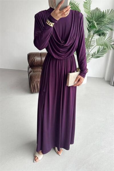 Neşeli Butik Γυναικεία μωβ φόρμα χιτζάμπ με γιακά και ζώνη, από ύφασμα σάντι ...