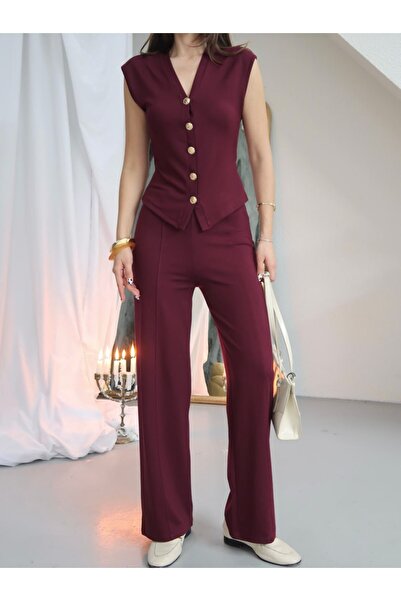 Paw Garage Γυναικείο Σετ Παντελόνι Παλάτσο με Λεπτομερές Γιλέκο με Χρυσά Κουμ...