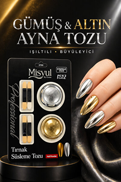 Misyul Altın & Gümüş Ayna Tozu Seti Kalıcı Oje Üstü Parlak Efektli Nail Art Ayna Tozu