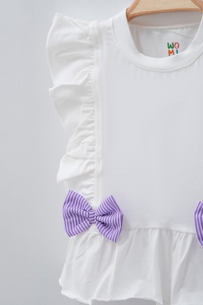 Womi Kids Girl's 2-Piece Set with Ruffled Sleeves, Bow, and Striped Fabric Shorts